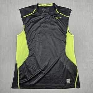 Nike Pro Combat Sleeveless Shirt Mens M Dri-FIT Black Yellow Fitted Training